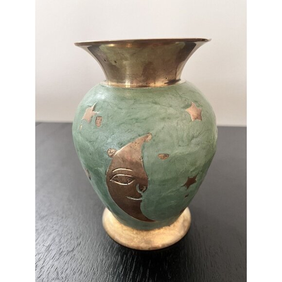 Solid Brass & Green Enamel Vase Celestial Sun Moon Stars Made in India 4-3/4" - Picture 8 of 14